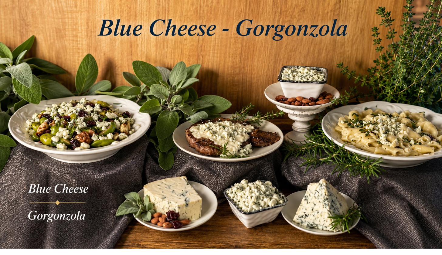 Blue cheese and gorgonzola crumbles and cups, private label Wisconsin specialty cheese